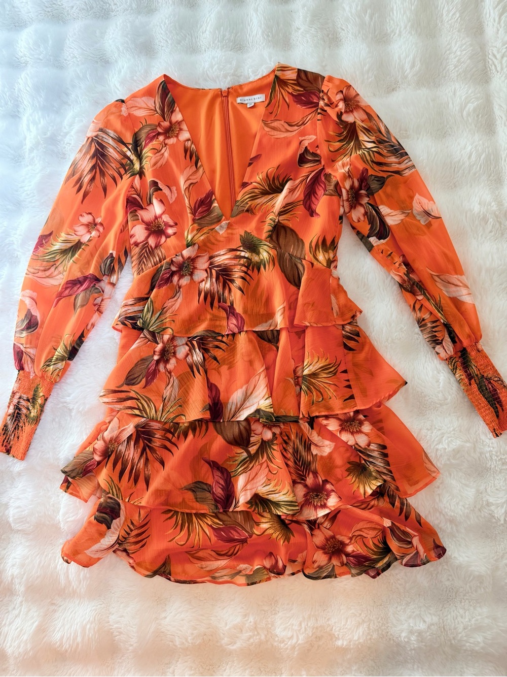 Gianni Bini Orange Tropical Floral Long Sleeve Ruffled Dress
